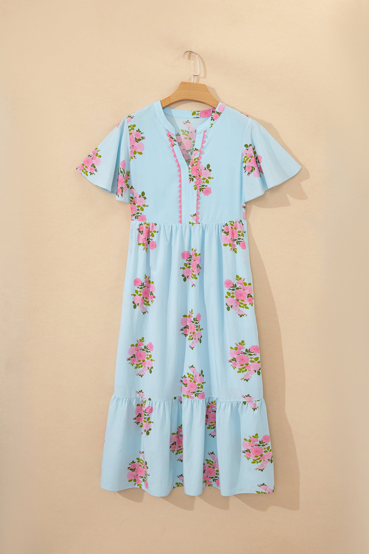 KaleaBoutique Comfortable Notched Neck Flutter Short Sleeve Floral Print Maxi Dress - KaleaBoutique.com