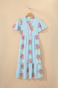 KaleaBoutique Comfortable Notched Neck Flutter Short Sleeve Floral Print Maxi Dress - KaleaBoutique.com