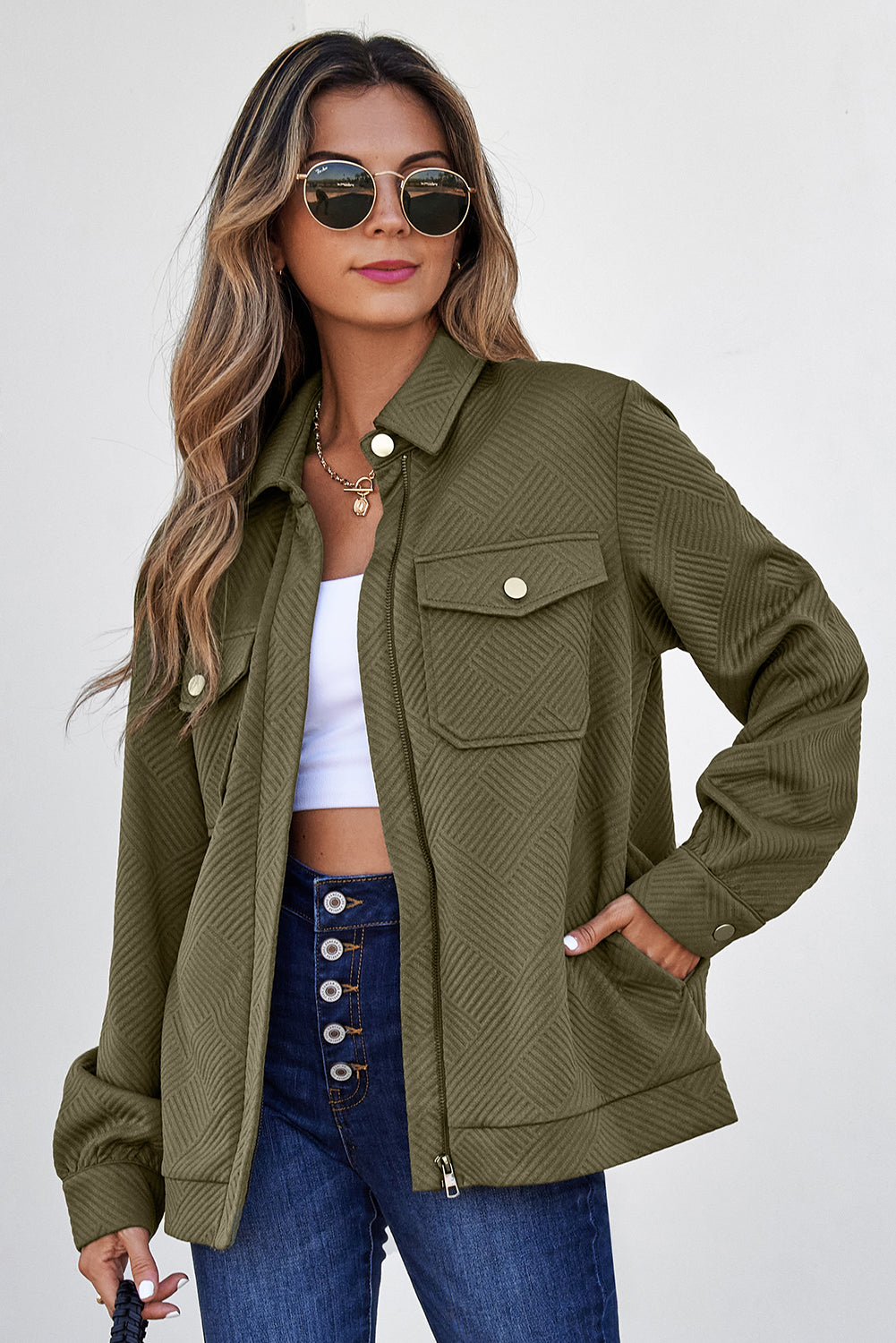 Solid Color Zip Up Button Flap Pocket Shirt Collar Jackets - KaleaBoutique.com