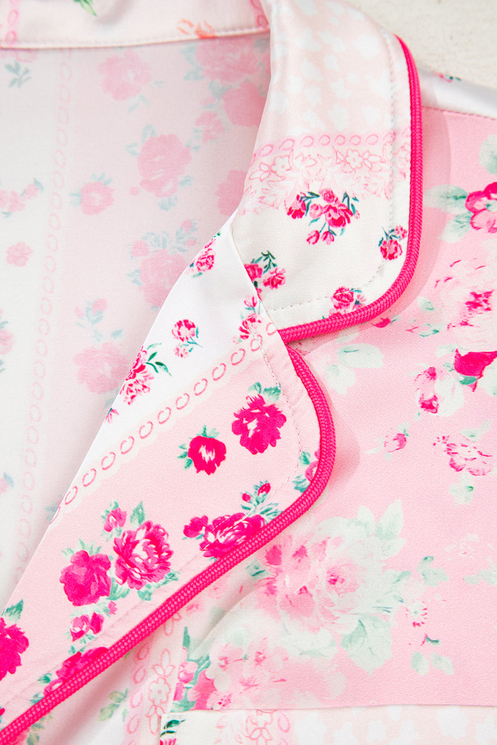 KaleaBoutique Comfortable Mixed Floral Print Contrast Piping Trim Satin Tie 2pcs Pajama Set - KaleaBoutique.com