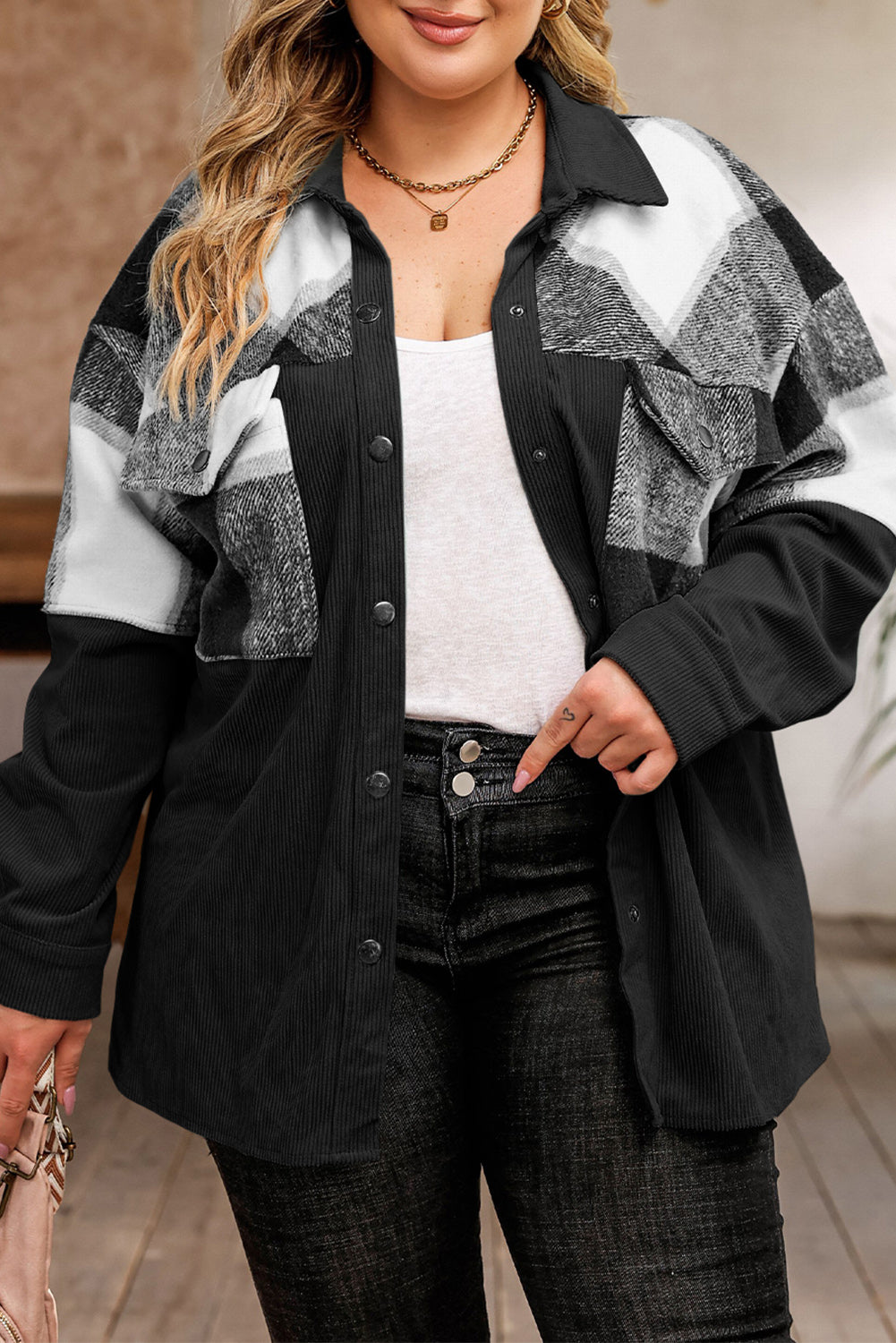 Plaid Patchwork Plus Size Corduroy Shacket - KaleaBoutique.com