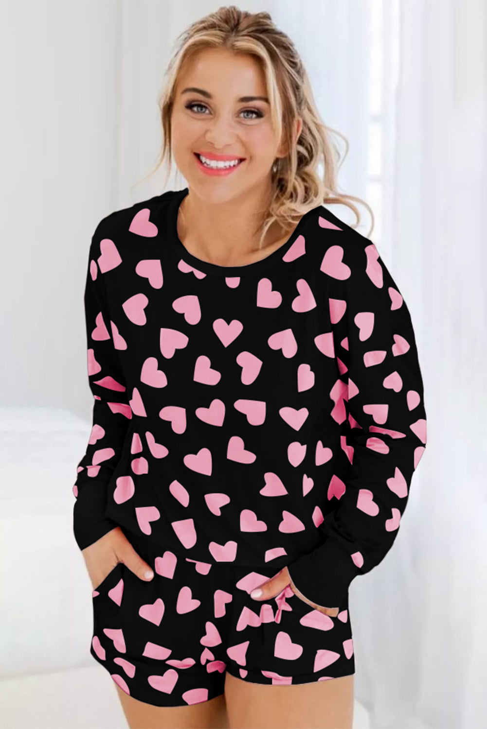 KaleaBoutique Stylish Valentine Heart Shape Print Long Sleeve Top Shorts Lounge Set - KaleaBoutique.com
