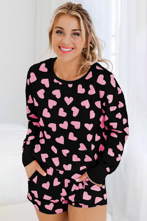 KaleaBoutique Stylish Valentine Heart Shape Print Long Sleeve Top Shorts Lounge Set - KaleaBoutique.com