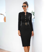 Autumn And Winter Long Sleeve Single-breasted Knitted Package Hip Sweater Dress - KaleaBoutique.com