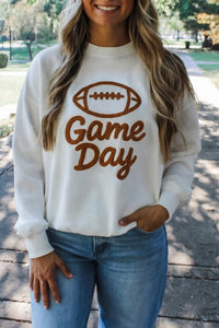 KaleaBoutique Stylish Embroidered Slogan Game Day Rugby Pattern Crewneck Sweatshirt - KaleaBoutique.com