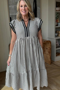 Double Ruffled Short Sleeve Contrast Trim V Neck Midi Dress - KaleaBoutique.com