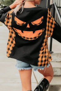 KaleaBoutique Stylish Patchwork Plaid Pumpkin Face Long Sleeve Top - KaleaBoutique.com