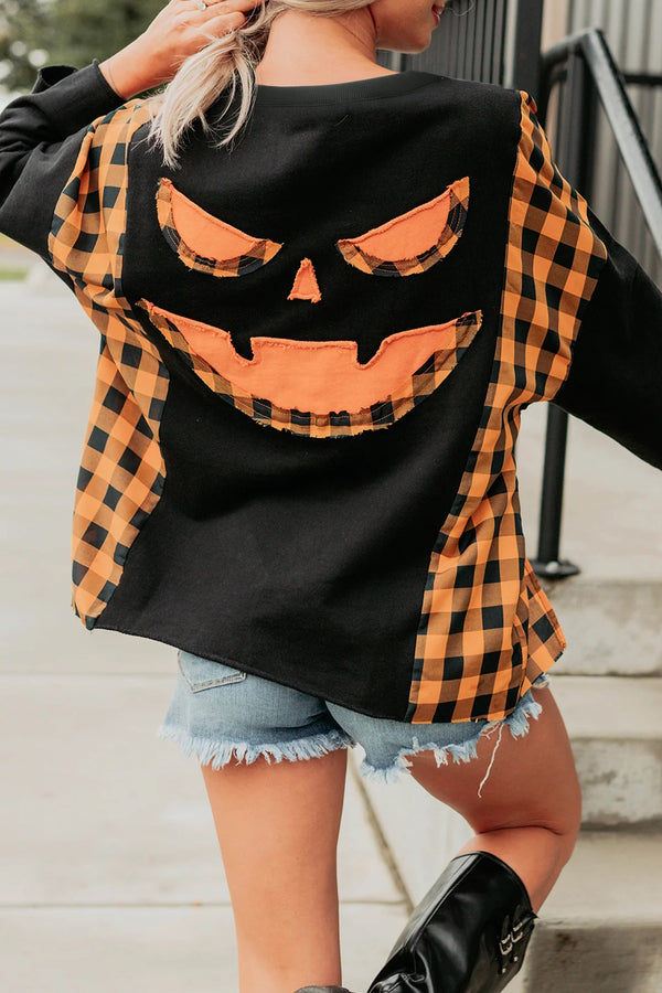 KaleaBoutique Stylish Patchwork Plaid Pumpkin Face Long Sleeve Top - KaleaBoutique.com