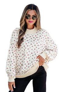 KaleaBoutique Stylish Ribbed High Neck Patchwork Floral Print Baggy Pullover Sweatshirt - KaleaBoutique.com