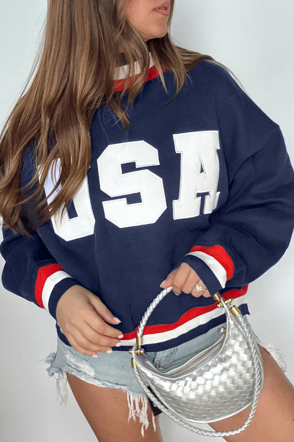 KaleaBoutique Comfortable USA Slogan Patch Embroidery Colorblock High Neck Long Sleeve Sweatshirt - KaleaBoutique.com
