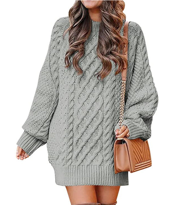 Women's Round-Neck Cable-Pattern Balloon-Sleeve Sweater Dress - KaleaBoutique.com