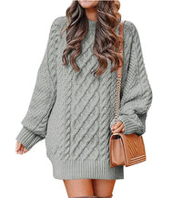 Women's Round-Neck Cable-Pattern Balloon-Sleeve Sweater Dress - KaleaBoutique.com