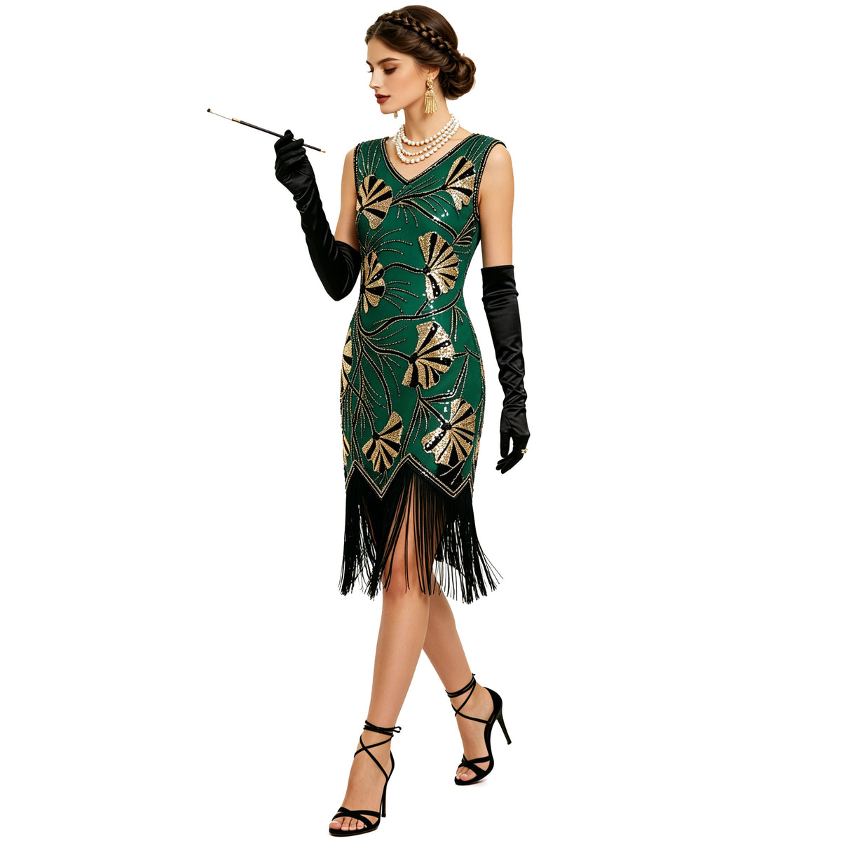 Women's Vintage V-Neck Sequin Tassel Evening Dress - KaleaBoutique.com
