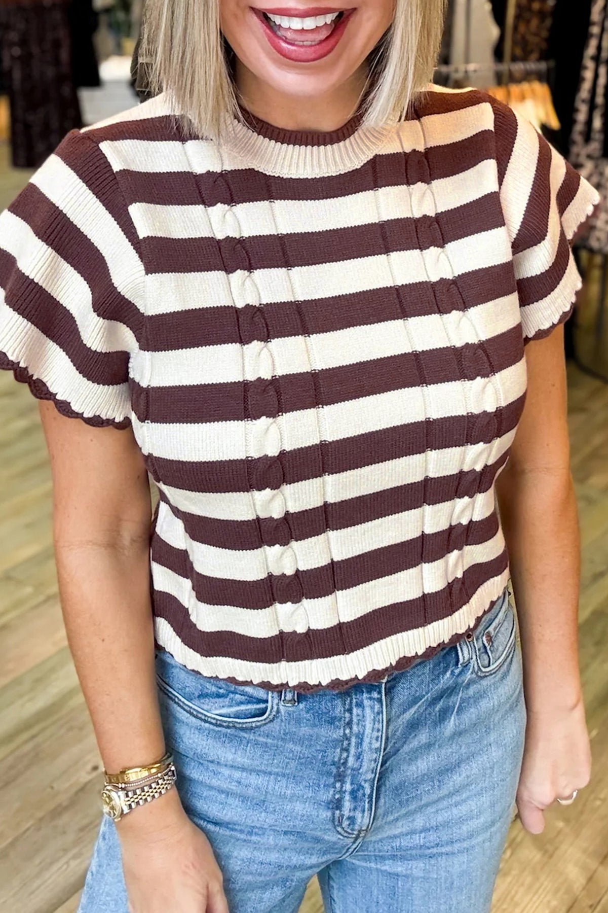 KaleaBoutique Comfortable Ribbed Knit Cable Detail Short Sleeve Sweater - KaleaBoutique.com