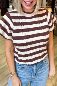 KaleaBoutique Comfortable Ribbed Knit Cable Detail Short Sleeve Sweater - KaleaBoutique.com