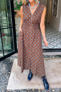 KaleaBoutique Stylish Polka Dot Print Contrast Trim V Neck Zip Up Sleeveless Dress - KaleaBoutique.com
