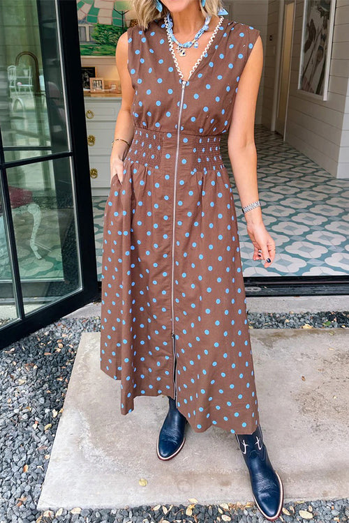 KaleaBoutique Stylish Polka Dot Print Contrast Trim V Neck Zip Up Sleeveless Dress - KaleaBoutique.com