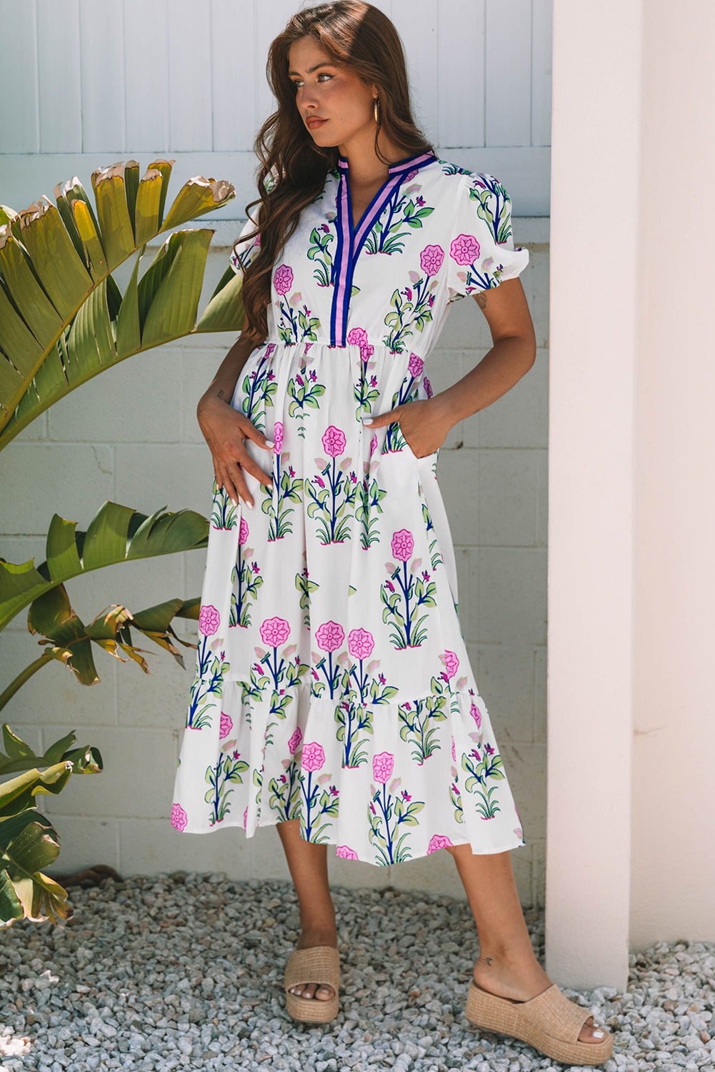 Floral Puff Short Sleeve V Neck High Waist Maxi Dress - KaleaBoutique.com