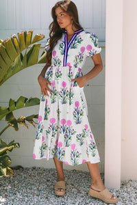 Floral Puff Short Sleeve V Neck High Waist Maxi Dress - KaleaBoutique.com