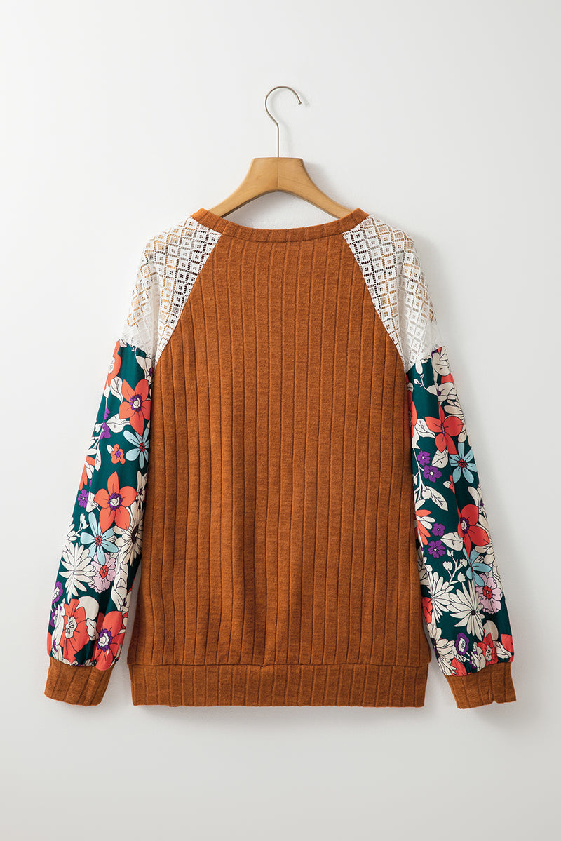 KaleaBoutique Stylish Floral Patchwork Long Sleeve Ribbed Blouse - KaleaBoutique.com