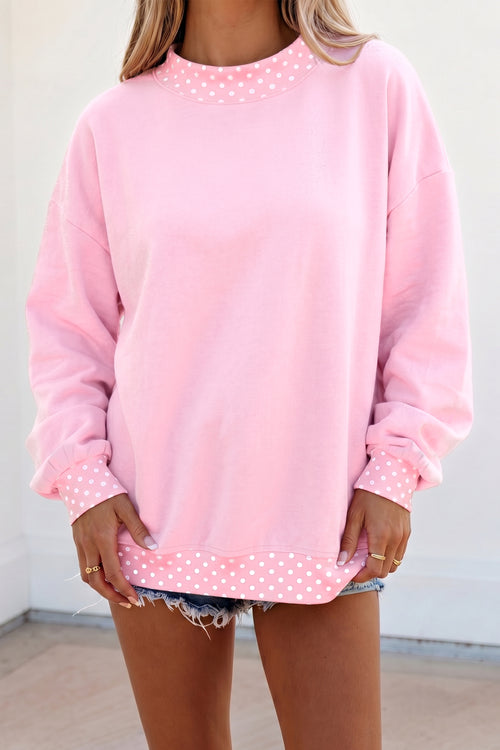 KaleaBoutique Comfortable Colorblock Polka Dot Contrast Trim Oversized Sweatshirt - KaleaBoutique.com