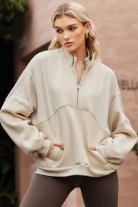 KaleaBoutique Stylish Half Zip Stand Collar Exposed Seam Solid Color Casual Sweatshirt - KaleaBoutique.com