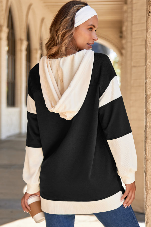 Waffle Contrast Knit Color Block Patchwork Button Front Oversize Hoodie - KaleaBoutique.com