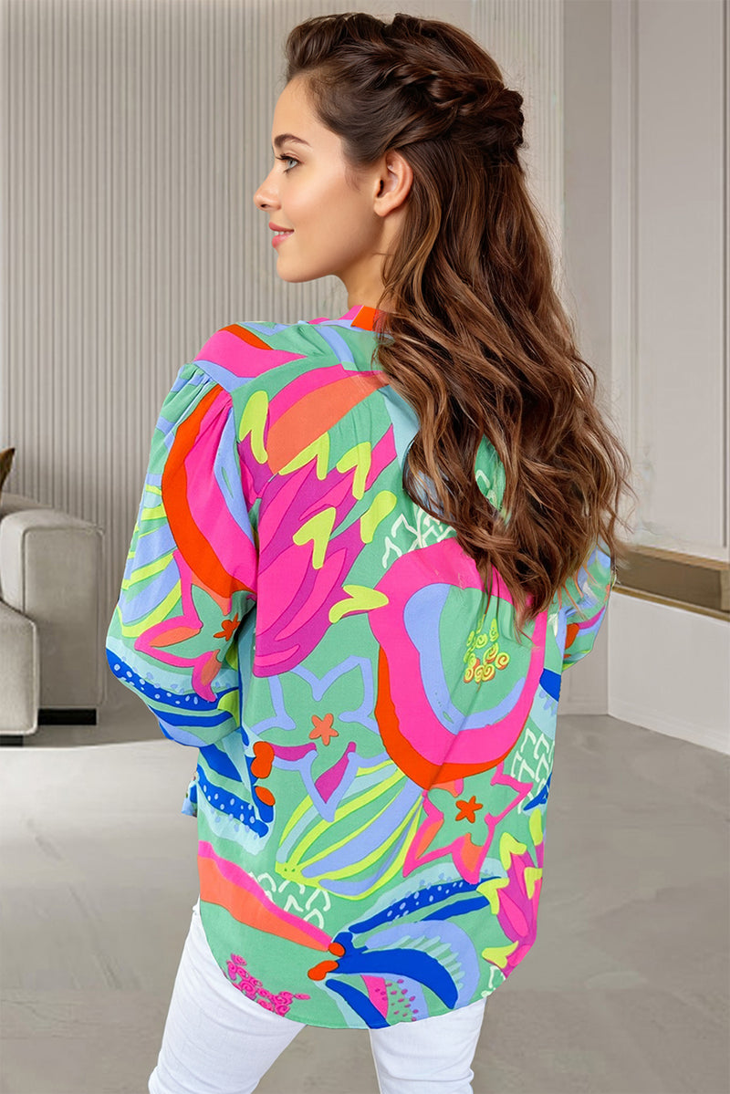 KaleaBoutique Abstract Print Ruffled Sleeve Buttoned V Neck Blouse - KaleaBoutique.com