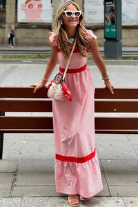 KaleaBoutique Stylish Bow Knot Straps Contrast Trim High Waist Ruffle Hem Maxi Dress - KaleaBoutique.com