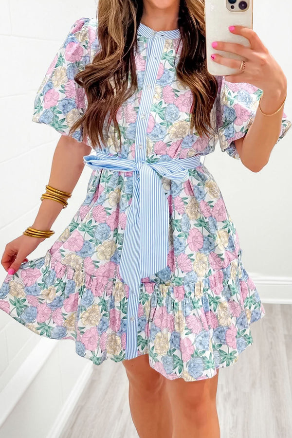 KaleaBoutique Stylish Floral Print Striped Contrast Trim Belted Short Dress - KaleaBoutique.com