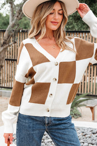 KaleaBoutique Stylish Checkered Pattern Ribbed Detail Button V Neck Sweater Cardigan - KaleaBoutique.com