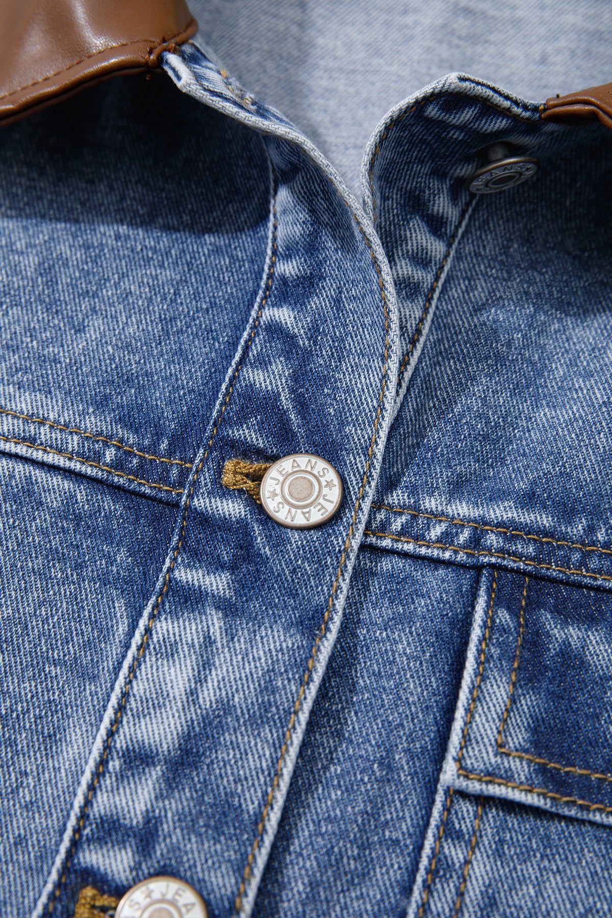 Patchwork Leather Collar Long Sleeve Denim Jacket - KaleaBoutique.com
