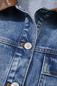 Patchwork Leather Collar Long Sleeve Denim Jacket - KaleaBoutique.com