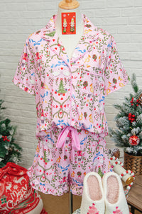 KaleaBoutique Comfortable Nutcracker Doll Christmas Print Ribbon Tie Waist Short 2pcs Pajama Set - KaleaBoutique.com