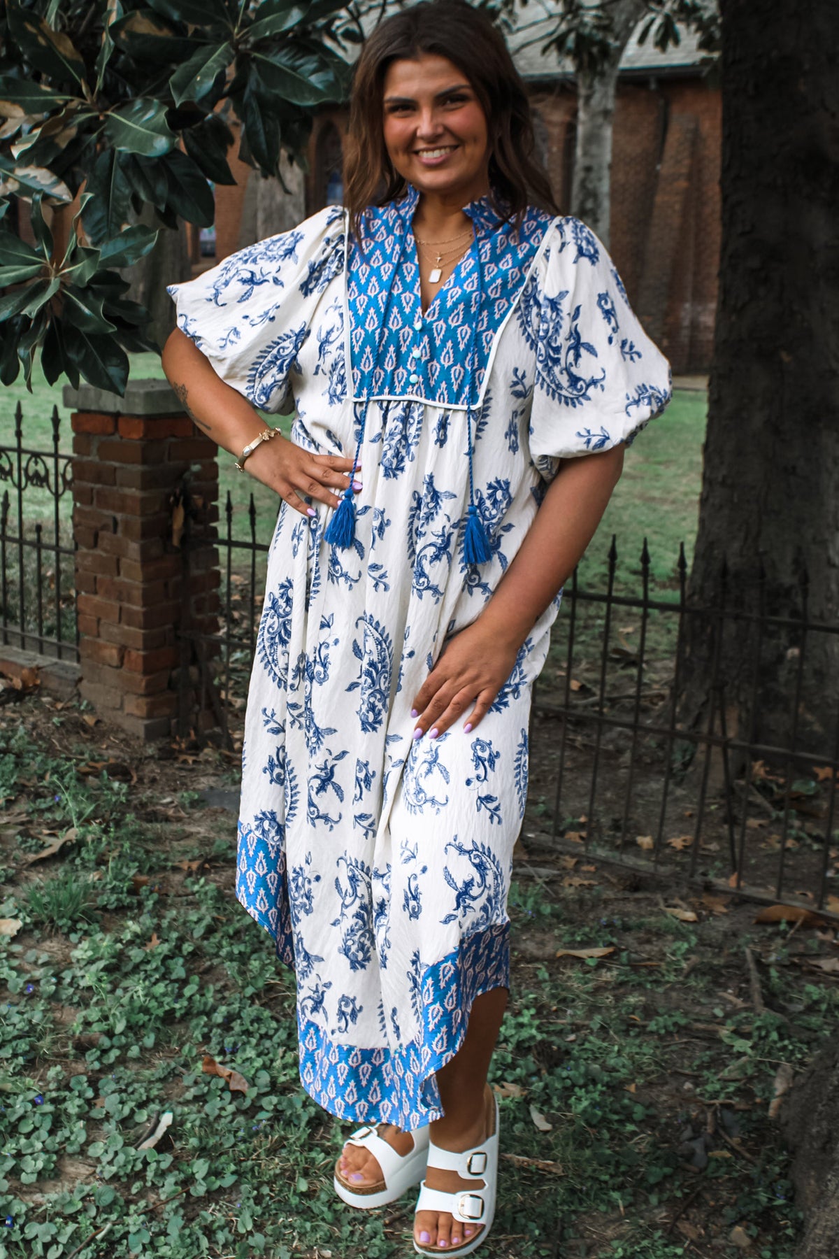 KaleaBoutique Comfortable Boho Abstract Print Contrast Trim V Neck Tassel Tie Dress - KaleaBoutique.com