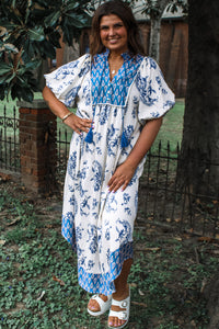 KaleaBoutique Comfortable Boho Abstract Print Contrast Trim V Neck Tassel Tie Dress - KaleaBoutique.com