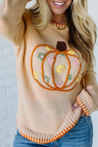 Floral Embroidery Pumpkin Long Sleeve Round Neck Sweater - KaleaBoutique.com