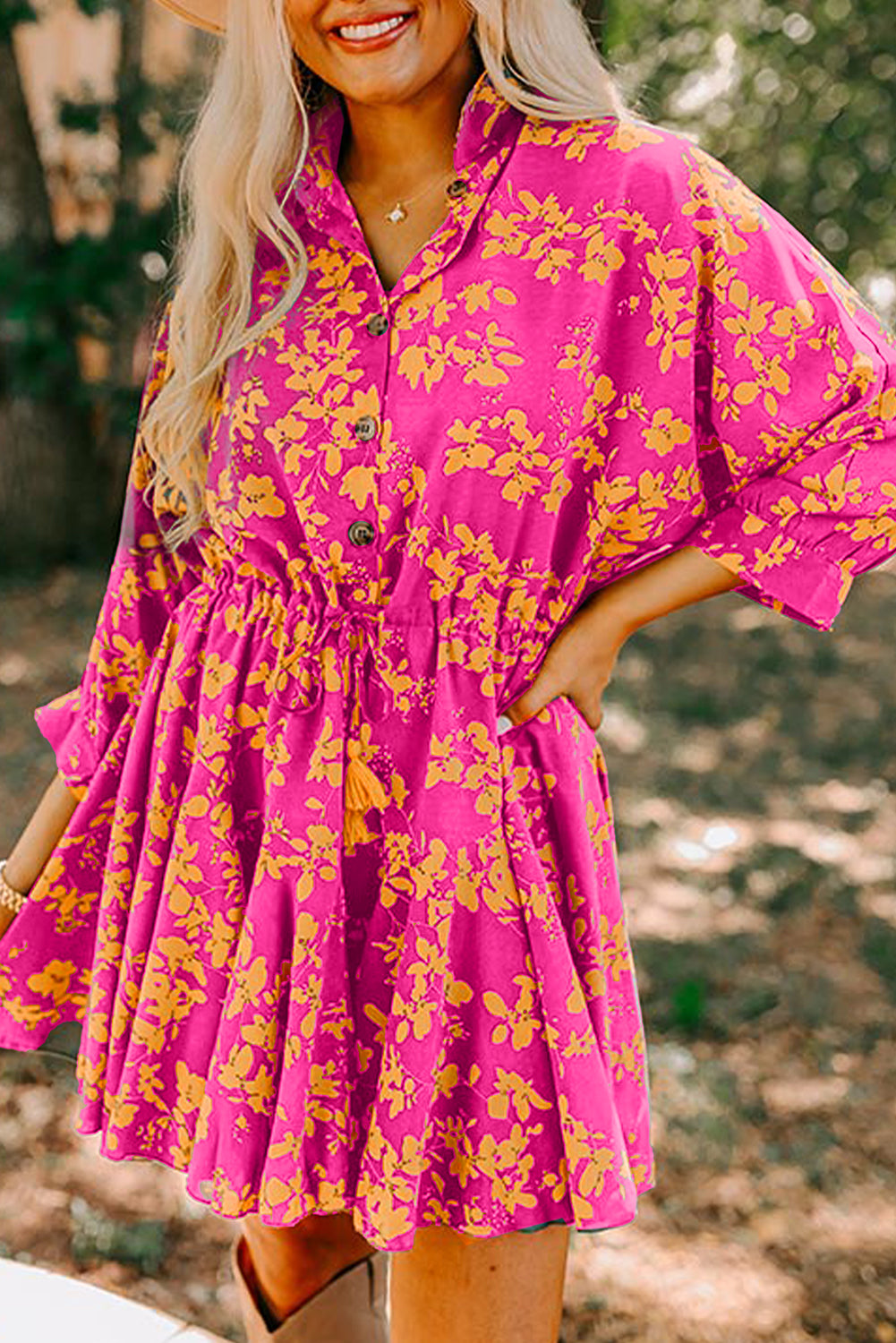 KaleaBoutique Stylish Beautiful Floral Print Drawstring Tunic Flowy Short Dress - KaleaBoutique.com