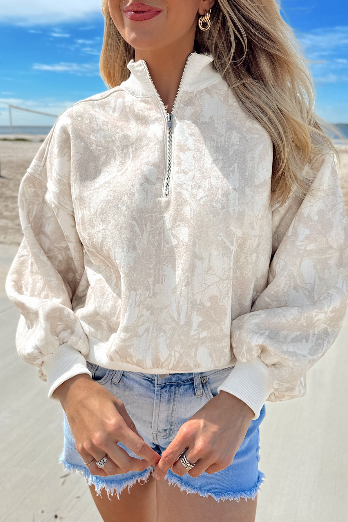 KaleaBoutique Camouflage Print Quarter-Zip Drop Shoulder Long Sleeve Sweatshirt - KaleaBoutique.com