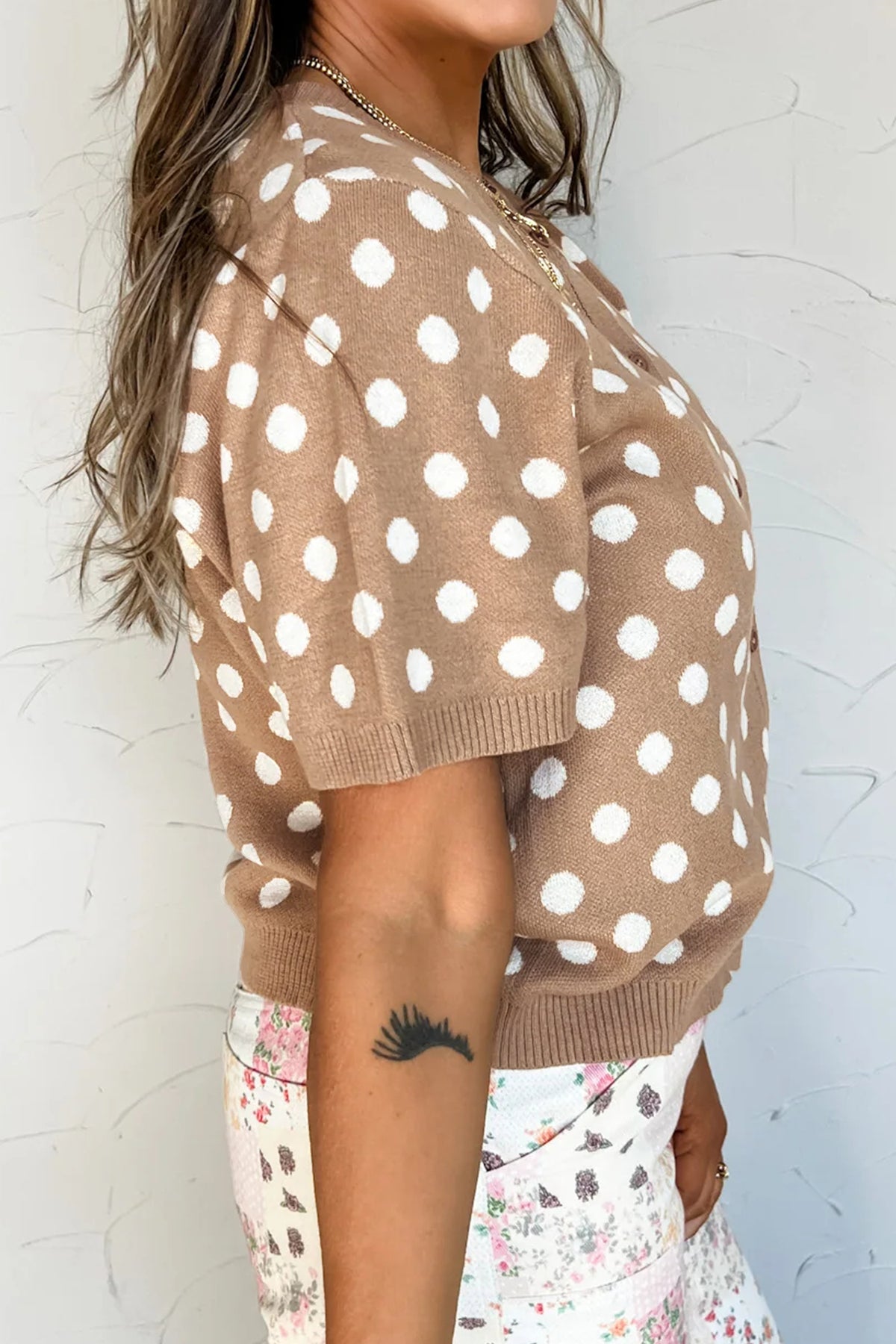 KaleaBoutique Comfortable Polka Dot Short Sleeve Button Down Sweater Cardigan - KaleaBoutique.com