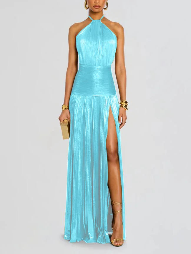 Women's Metallic-Look Pleated Halter-Neck Slit Maxi Dress - KaleaBoutique.com