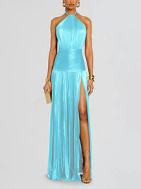 Women's Metallic-Look Pleated Halter-Neck Slit Maxi Dress - KaleaBoutique.com