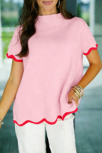KaleaBoutique Comfortable Stand Neck Contrast Wavy Trim Short Sleeve Sweater - KaleaBoutique.com