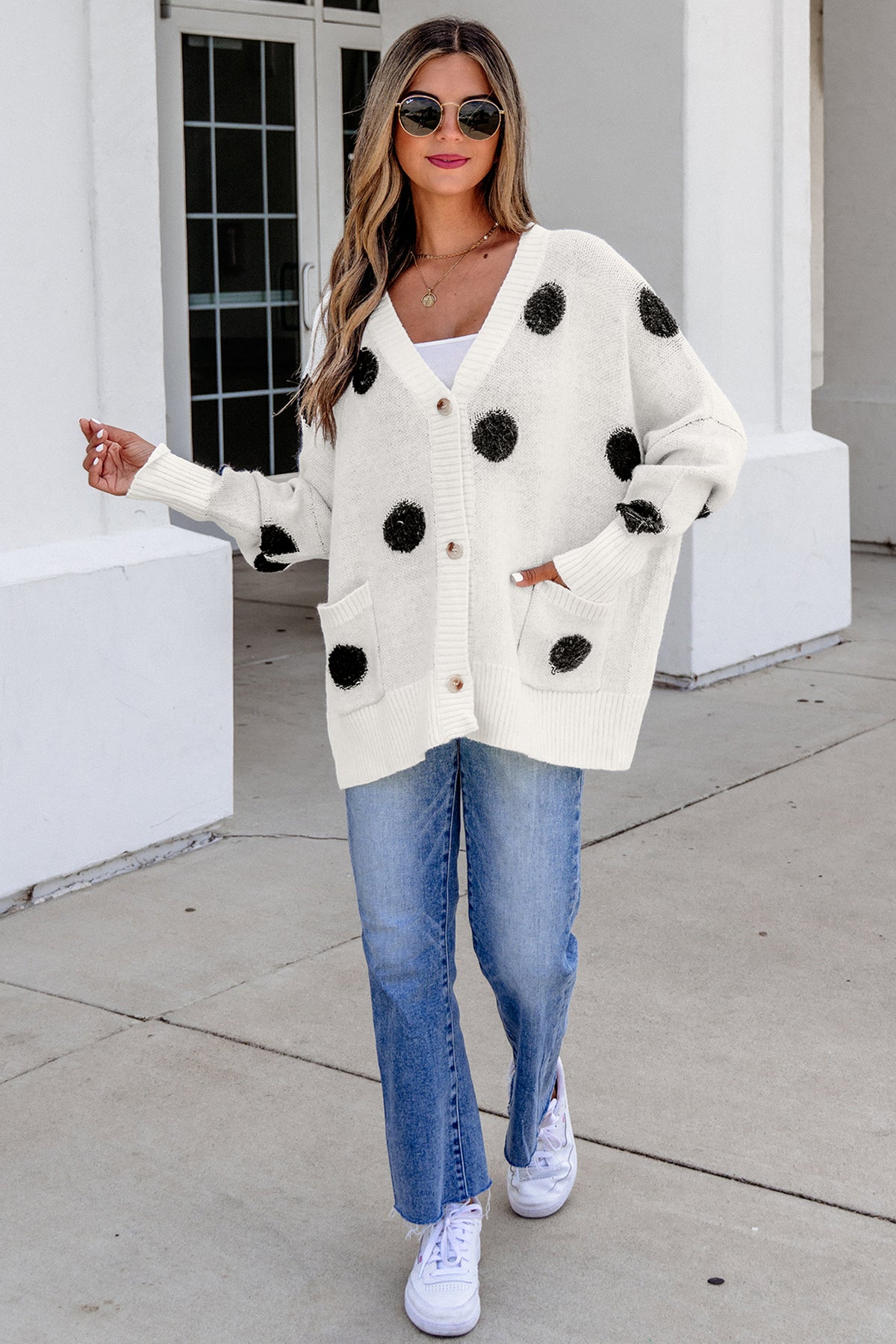 KaleaBoutique Stylish Polka Dot Button Front Oversized V Neck Cardigan - KaleaBoutique.com