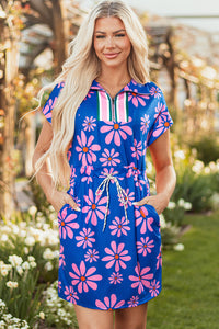 Floral Striped Quarter Zip Cap Sleeve Drawstring Waist Mini Dress - KaleaBoutique.com