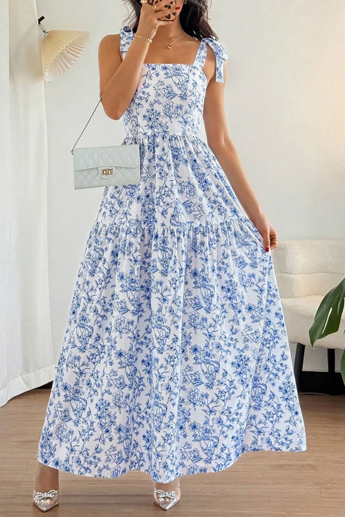 KaleaBoutique Stylish Floral Print Knot Straps High Waist Flared Maxi Dress - KaleaBoutique.com