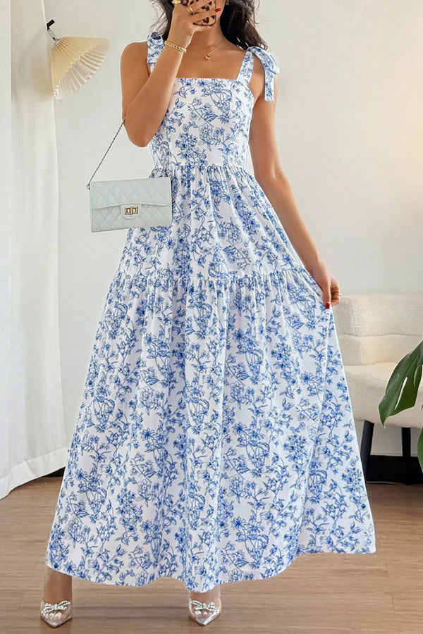 KaleaBoutique Stylish Floral Print Knot Straps High Waist Flared Maxi Dress - KaleaBoutique.com