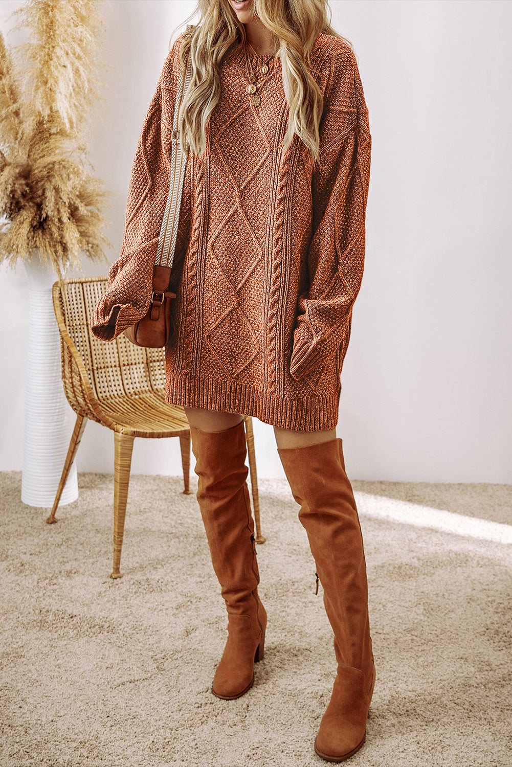 KaleaBoutique Stylish Cable Knit Drop Shoulder Loose Fit Sweater Dress - KaleaBoutique.com