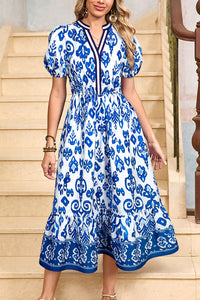 KaleaBoutique Stylish Floral Puff Short Sleeve V Neck High Waist Maxi Dress - KaleaBoutique.com
