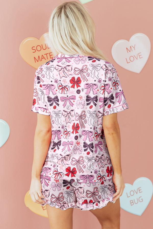 KaleaBoutique Stylish Cute Ribbon Bows Printed 2pcs Short Pajama Set - KaleaBoutique.com